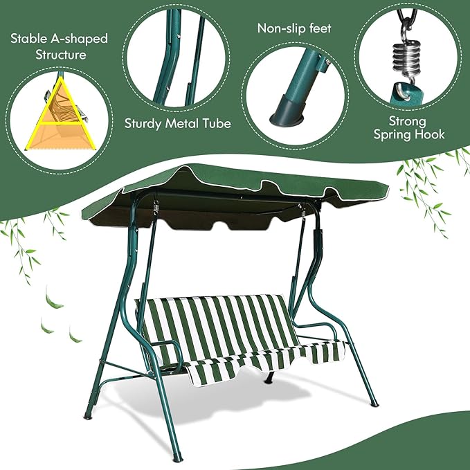 Porch Swing Outdoor, 3 Person Patio Swing w/Removable Cushion, Stand & Adjustable Canopy, Heavy Duty Swing Chair for Patio, Garden, Courtyard, Poolside