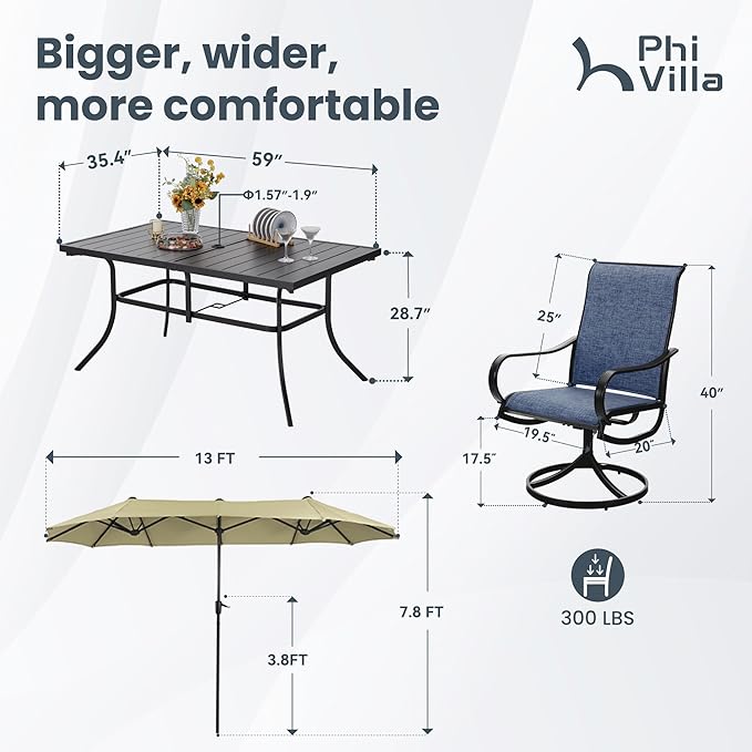 PHI VILLA 8 Piece Patio Dining Set with 13ft Patio Umbrella (Beige), 6 Outdoor Swivel Dining Chairs & 1 Large Metal Dining Table with 1.57" Umbrella Hole, for Lawn Garden Backyard
