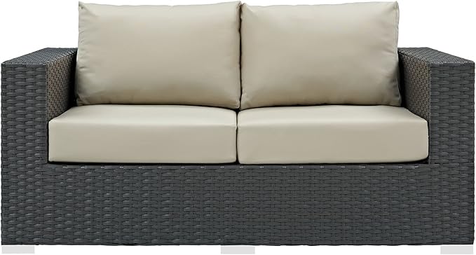 Modway EEI-1851-CHC-BEI Sojourn Wicker Rattan Outdoor Patio Coffee Table, Loveseat, Canvas Antique Beige