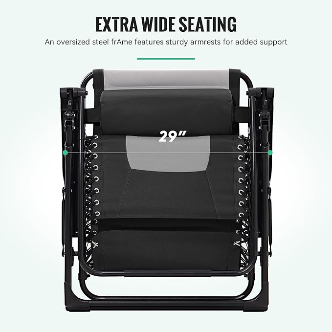 JEAREY Oversized Padded Zero Gravity Chairs, Folding Lounge Chair Outdoor Patio Recliner, Anti Gravity Chair for Backyard with Headrest, Cup Holder, Side Tray, Polyester Mesh - Black/Gray