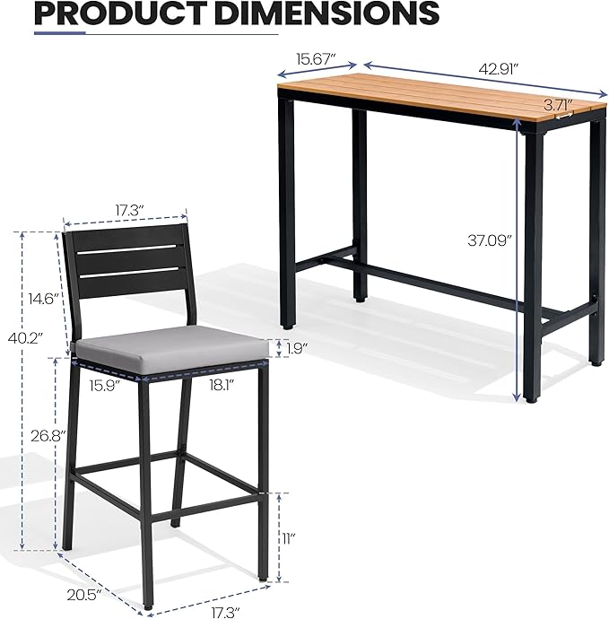 Crestlive Products Outdoor Bar Table and Chairs Set, 3 Piece Outside Patio Bar Set with 43" Long Bar Table and 2 Bar Stools for Balcony, Bistro, Garden, Backyard(Brown Desktop and Light Gray Cushion)