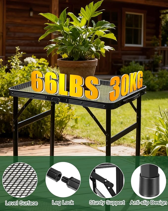2Ft Small Folding Table with Carry Handle, Camping Table Adjustable Height 10.6–22 in, Black Metal Mesh, Portable & Compact for Outdoor/Indoor,Grill Table, 23.6×15.8 in, 4 lb, 66 lb Capacity