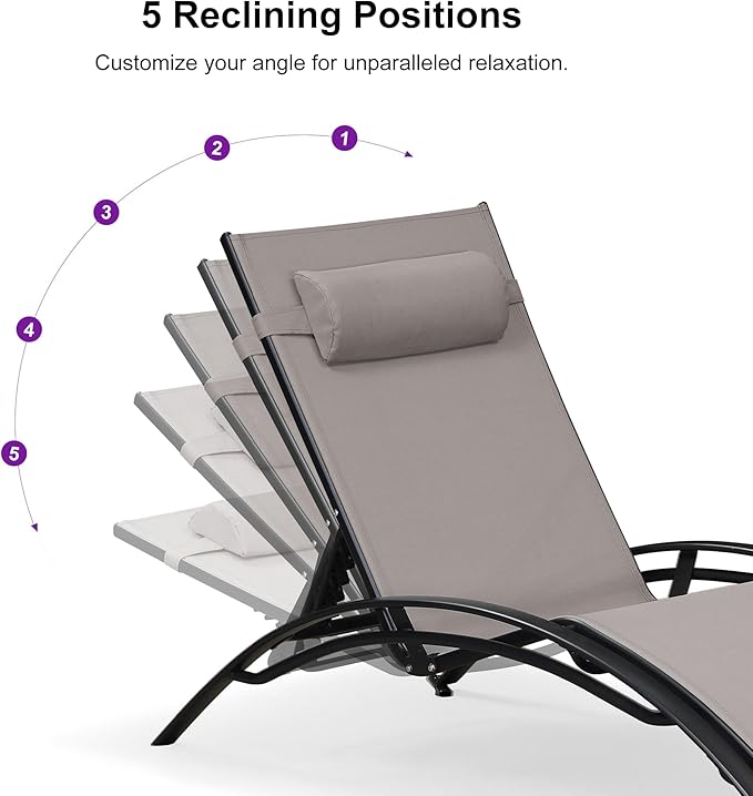PURPLE LEAF Patio Oversized Chaise Lounge Chair Set with Side Table Pool Adjustable Recliner Chairs for Outside Beach Outdoor Sunbathing Tanning Poolside Lounges, Taupe