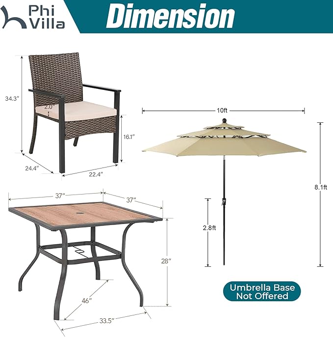 PHI VILLA 5 Pieces Outdoor Dining Set with Umbrella for 4, 37" Square Metal Polywood Table & Cushioned Wicker Rattan Chairs & 10ft Beige Umbrella Furniture for Patio, Deck, Yard, Porch