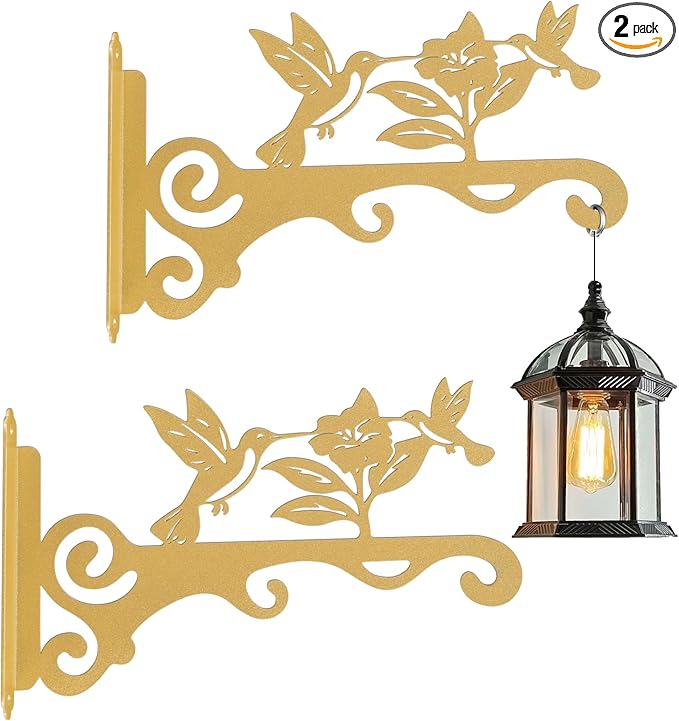 Elegant Bird Pattern Wall Hooks - 10/12/14 Inch Metal Plant Hangers for Indoor & Outdoor - Rust-Resistant Bracket for Plants, Feeders, Chimes, Lanterns (2, Gold, 10 inch)