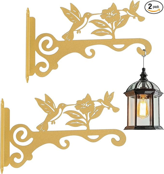 Elegant Bird Pattern Wall Hooks - 10/12/14 Inch Metal Plant Hangers for Indoor & Outdoor - Rust-Resistant Bracket for Plants, Feeders, Chimes, Lanterns (2, Gold, 10 inch)