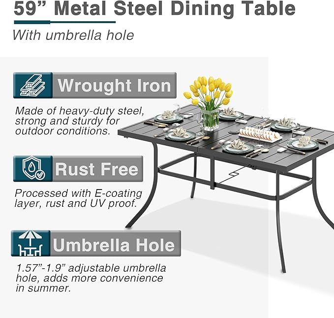 PHI VILLA 7 Piece Outdoor Dining Set for 6, 59” Rectangular Metal Steel Dining Table with Umbrella Hole & Cushioned Rattan Wicker Chairs for Patio, Deck, Yard, Porch