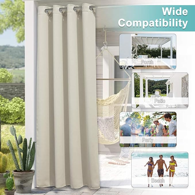 NICETOWN 2 Panels Outdoor Curtains for Patio Waterproof W52 x L108, Triple Weave Stainless Steel Silver Grommet Thermal Insulated Privacy Room Darkening for Outdoor Living, Beige