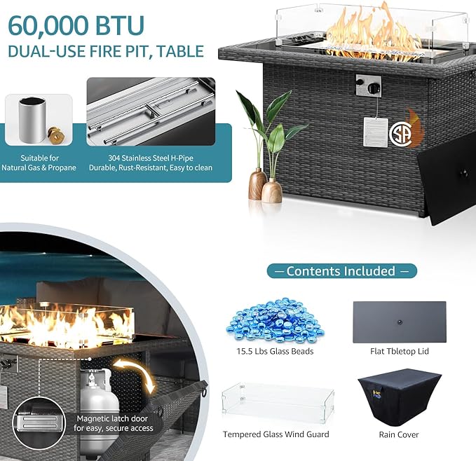 NICESOUL 6 Piece L Shaped Patio Furniture Set with Fire Pit Natural Gas/Propane, 29.3'' High Back Comfy Outdoor Conversations for Outside, Big Size Deep Wide Couches, 2 Color Cushion Turquoise & Grey
