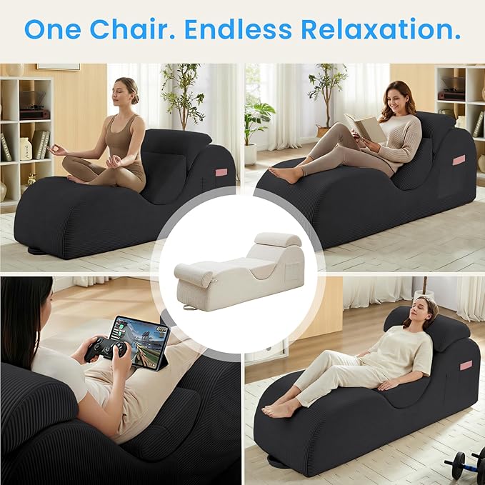 ijuicy 25" Wide Corduroy Yoga Chair, Yoga Lounge Chair for Adults, Chaise Lounge Chair Indoor/Yoga Lounger with Headrest, Waist Cushion, Movable Footrest, Side Pockets, High Density Sponge-Dark Grey