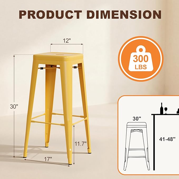 Shahoo 30 Inches Metal Bar Stools Counter Height Stackable Backless Stools, Industrial Patio Stools Indoor Outdoor Metal Kitchen Stools Set of 4 (Yellow, 30'')
