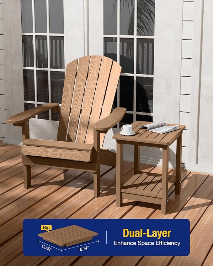 YEFU Outdoor Side Table for Patio: 16" HIPS Weather - Resistant Adirondack Tables Set of 2 - Small Square End Tables for Backyard Pool Porch Balcony - Indoor Outdoor Double Layer Table Teak