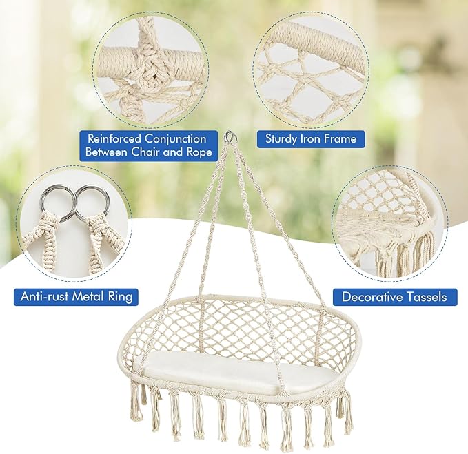 Giantex Hammock Chair 2 Seat, Macrame Hanging Chair with Cushion, Hanging Cotton Ropes, Metal Frame, 440 lbs Capacity Indoor Swing for Hammock Stand, Patio, Balcony, Living Room Hammock Swing