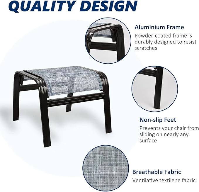Outdoor Footstools for Patio,Textile Ottomans Metal Dining Footrests Stack Chairs for Lawn,Garden or Porch 2 Set Blue