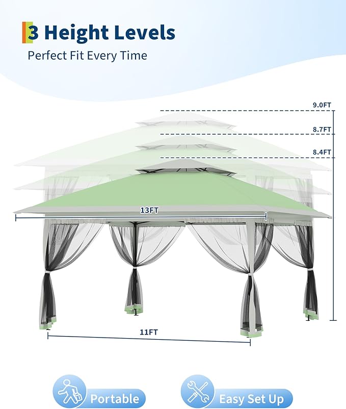 Canopy Tent 13x13 ft, Pop Up Gazebo One-Push Setup with 4 SandBags for Backyard Parties and BBQs, Mosquito Netting & Height Adjustable - Olive Green