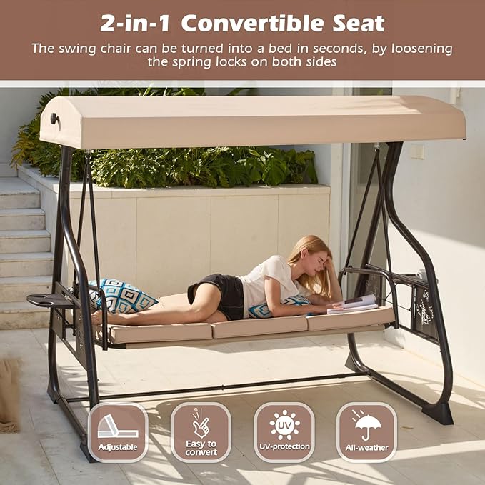 3-Seat Patio Porch Swing 800LBS Outdoor Swing with Stand w/Canopy & Adjustable Backrest Patio Glider Chair w/Removable Pillows & Foldable Side Tray for Balcony Garden Deck (Khaki)