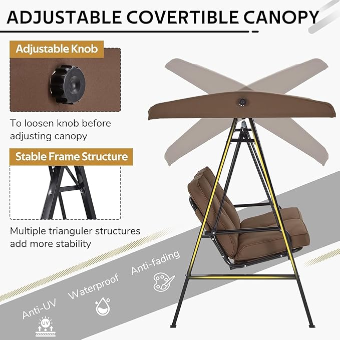 AECOJOY Outdoor Patio Swing Chair for Adults, 2-Seat Porch Swings with Adjustable Canopy, Outside Swing Bench with Removable Cushion, Suitable for Backyard, Garden, Yard, Poolside, Balcony