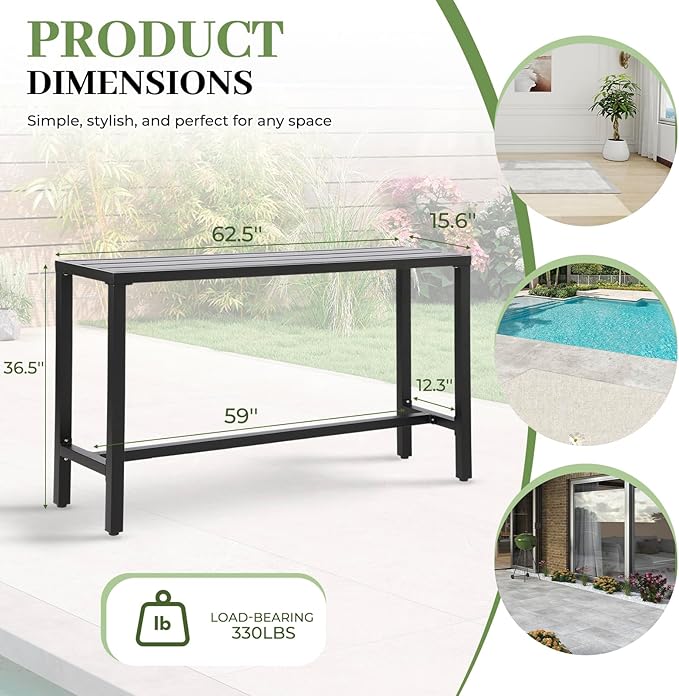 Outdoor Bar Table, Patio Counter Height Bar Table, 63" Rectangle Bar Table for Patio, Garden, Yard, Balcony, Poolside (Black, 63“)