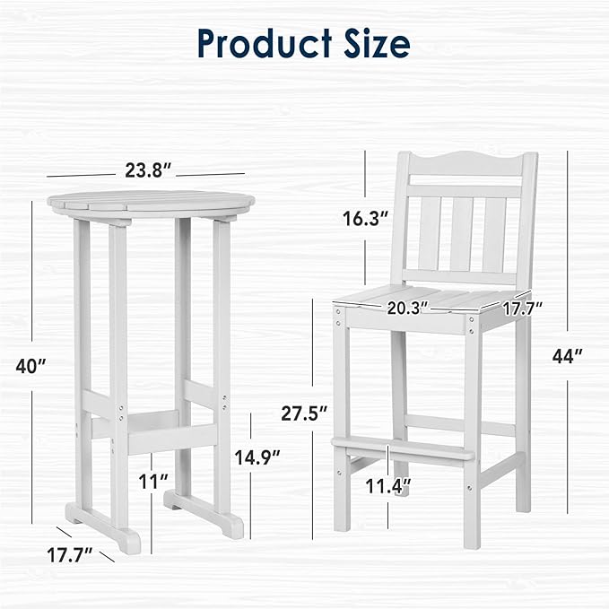 nalone Outdoor Bar Chairs and Table Set, HDPE Balcony Adirondack Chairs and Table 3 Pieces Set, Outdoor Bar Stools Set for Garden, Yard, Backyard (White, Bar Chairs with Table)