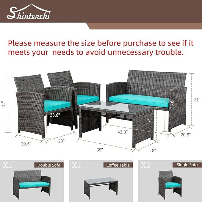 4 Piece Patio Ratten Set Outdoor Furniture Set Wicker Conversation Set with Cushions and Tempered Glass Tabletop,Blue