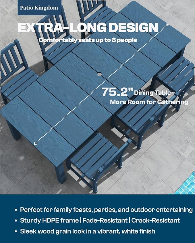 7-Piece Black Outdoor Dining Set with Beige 11FT Large Patio Umbrella, 75.2'' HDPE Table & Chairs for 6, Weather-Resistant Furniture with Umbrella Hole for Patio, Lawn, Poolside