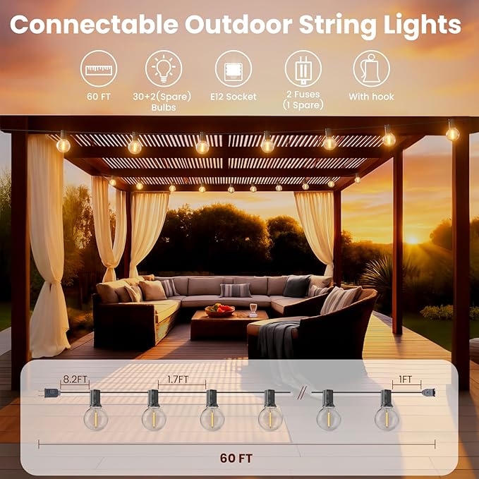 RTTY Dense-Glow Outdoor String Lights 60 ft, G40 Led Patio Globe Lights with 32pcs Plastic Bulbs,Shatterproof Waterproof Connectable Hanging for Porch Cafe Bistro Backyard Gazebo Balcony Deck Party