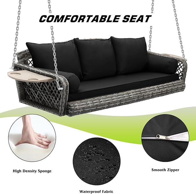 Grepatio Wicker Hanging Porch Swing - Outdoor 3 Person Patio Swing Bench with Cushion & Chains - 3-Seat Porch Swing Chair with Cup Holder for Garden, Yard, Lawn (Black Grey Rattan)