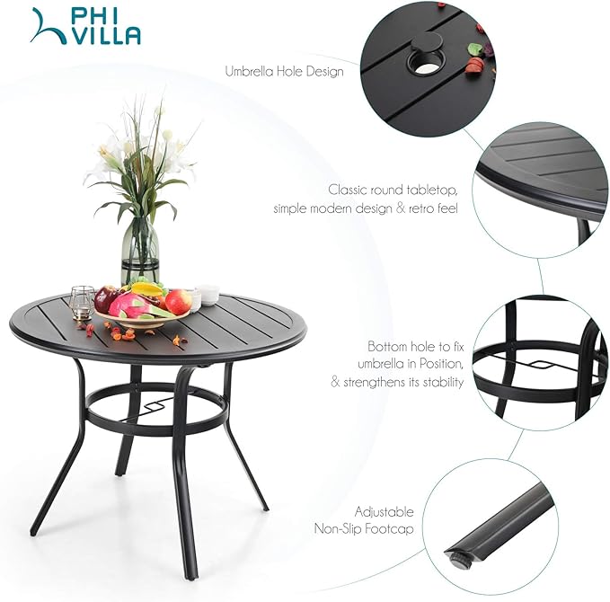 PHI VILLA 38 Inch Outdoor Round Dining Table, Metal Wrought Iron Slat Patio Table with 1.87" Umbrella Hole for Garden, Backyard and Porch (Black)