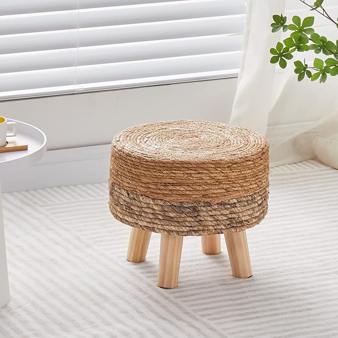 Cpintltr Ottoman Outdoor Sea Grass Stool Poufs Hand Woven Round Foot Stool for Sofa Desk Soft Step Stool Padded Foot Rest Multiple Colors Decorative Furniture Natural/Brown
