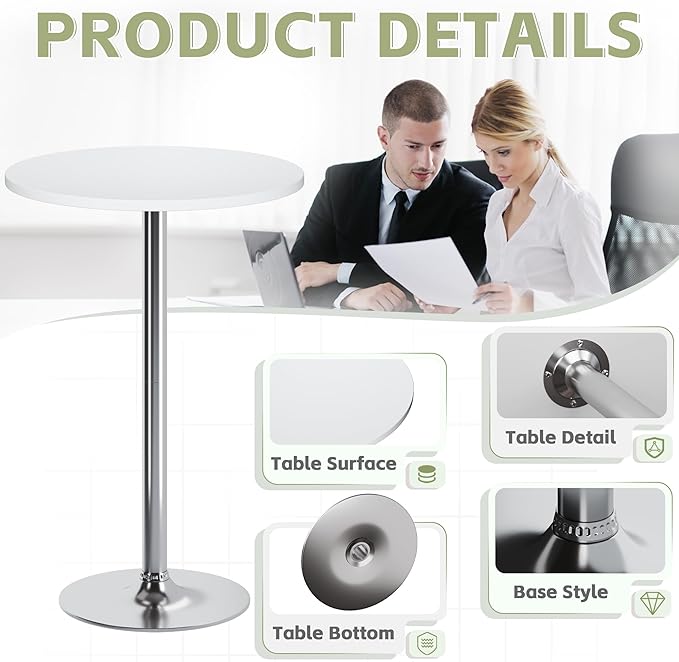 Flamaker Round Bistro Pub Table Modern Style Metal Base MDF Top Cocktail Bar Table Counter Bar Height for Pub, Dining Room, Party (1, White-Silver)