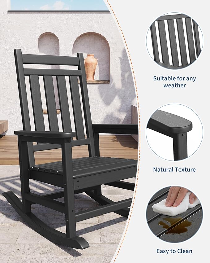 GarveeLife Poly Lumber Rocking Chair Outdoor Set of 6 - HDPE High Back Porch Rocker Chairs for Adults - All Weather Resistant Furniture for Patio - Black