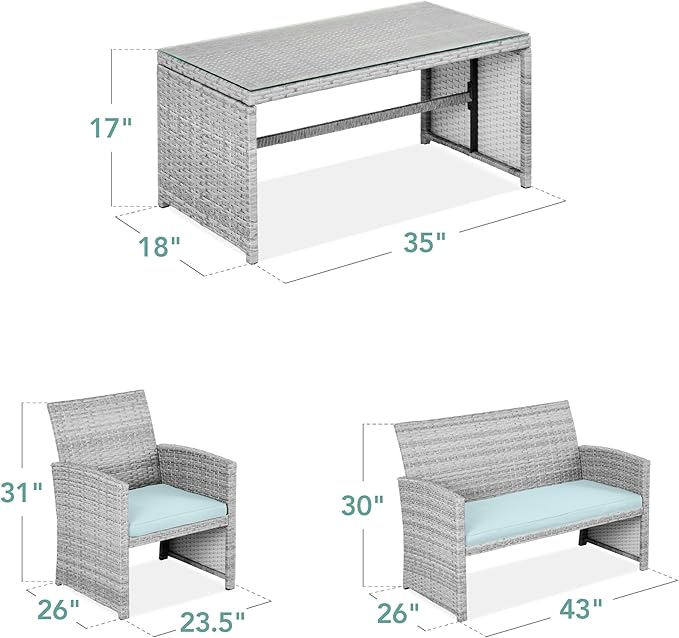 Best Choice Products 4-Piece Outdoor Wicker Patio Conversation Furniture Set for Backyard w/Coffee Table, Seat Cushions - Gray/Pastel Blue
