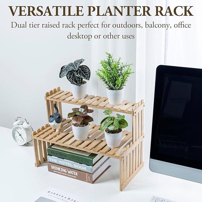 MyGift Natural Bamboo Indoor Plant Stand for Desk, 2 Tier Desktop Shelf Organizer Rack with 2 Slatted Shelves