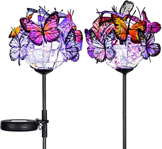 Outdoor Solar Garden Lights - 2 Pack Solar Powered Garden Stake Lights with 18 Butterflies and Copper String Lights, Multicolor