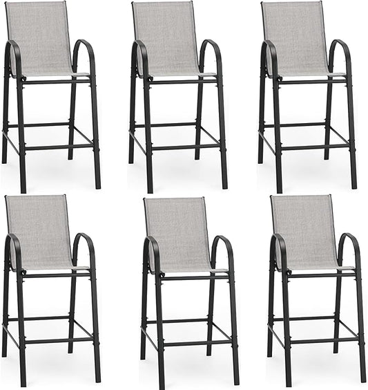 HOMREST Outdoor Bar Height Stools Set of 6,High Back Patio Chairs with Armrests,Textilene Chairs with Breathable Fabric & Metal Frame for All Weather,Light Grey