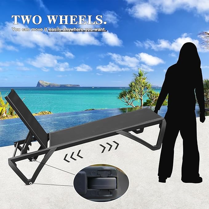 Domi Pool Lounge Chairs Set of 2, Aluminum Adjustable Outdoor Chaise Lounge with Wheels, All Weather Poolside Chairs for Deck Lawn Patio Backyard, Textilene - Dark Gray