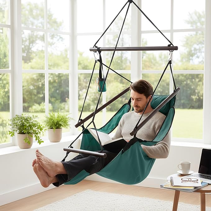 ONCLOUD Upgraded Unique Hammock Sky Chair, Air Deluxe Hanging Swing Seat with Rope Through The Bars Safer Relax with Drink Holder & Fuller Pillow Beech Wood Indoor Outdoor Patio Yard 250LBS (Green)