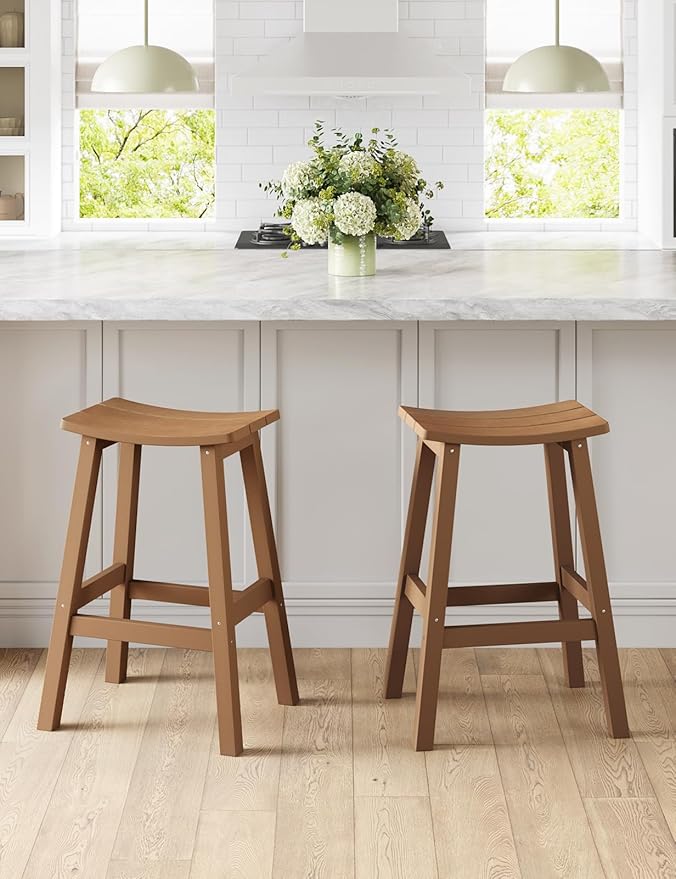 Weatherproof Bar Stools Set of 2, 28" Height Outdoor Bar Stools Holds up to 400 lbs, Saddle Seat, Bar Height Stools for Patio, Garden, and Kitchen Island, Teak