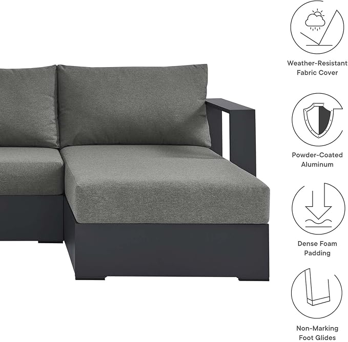 Modway Tahoe Modular Aluminum 2-Piece Outdoor Patio Furniture Gray Charcoal, Right-Facing Sectional Sofa Set with Weather-Resistant Cushions, Ideal for Deck, Backyard, Poolside