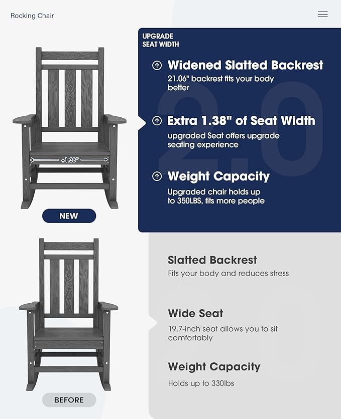 KINGYES Oversized Outdoor Rocking Chair Set of 2, All-Weather Patio Rocking Chairs for Porch, HDPE Outdoor Patio Rockers with High Back & Wide Seat for Garden, Lawn, Gray