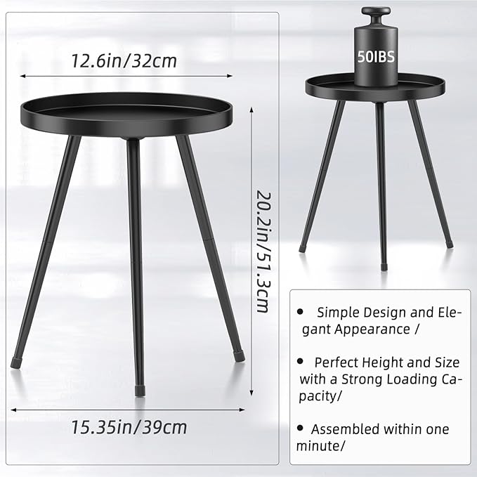 SYQ Round Metal Side Table Small End Table for Indoor Outdoor, Mid Century Modern Decor, Simple Circle Accent Table for Living Room Bedroom Bathroom Office All Matte Black