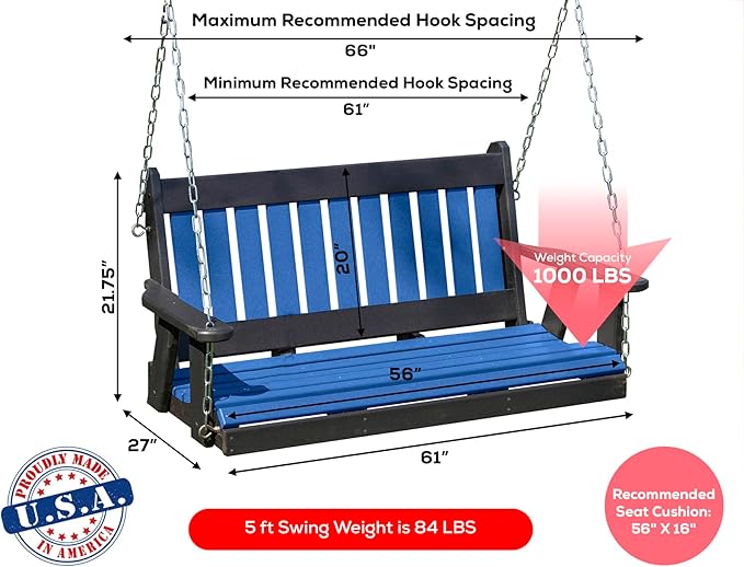 Mission Poly Lumber Wood 5FT Porch Swing Amish Craftsmandship Made in USA HDPE with No Wood fibers 1000 lbs Limit. Stainless Steel Hardware.Signature Design for Patio Outdoor Backyard Garden Park