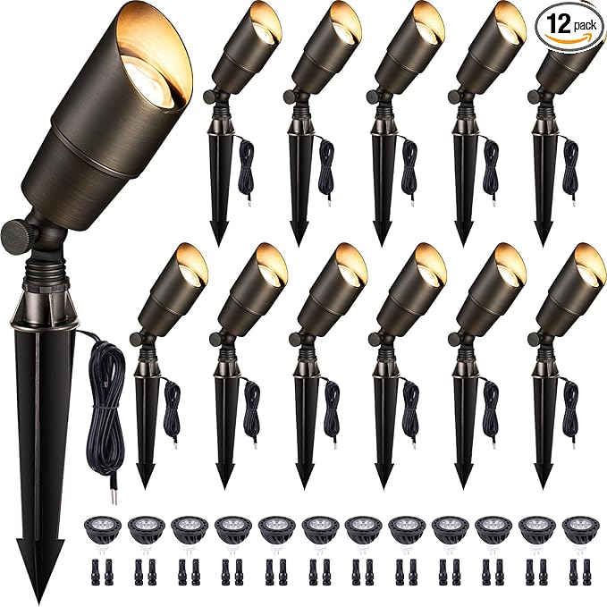 Gardenreet LED Spot Light Outdoor - Die-Cast Brass 12V Uplighting Waterproof, Low Voltage Landscape Lights Metal, Bronze for Fence Fountain with Bright White MR16 Replaceable Bulbs (12 Pack)