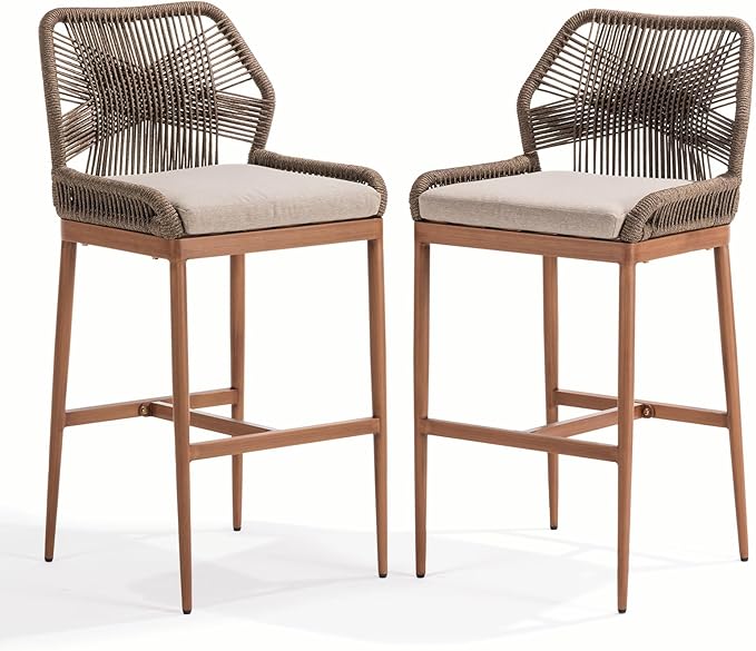 IDZO Boho Rope Bar Stools Set of 2, 31" Bar Height, 400lbs Capacity, Cushions & Ergonomic Backrest, Sturdy Aluminum Frame, for Indoor/Outdoor Use, Easy to Assemble