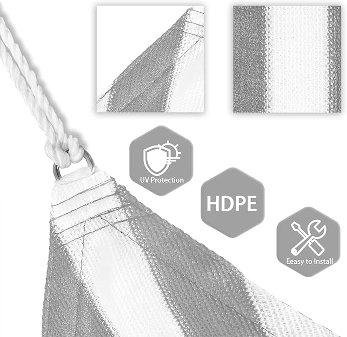 Patio Paradise 9' x 9' x 9' Sun Shade Sail Triangle Canopy Shade Cloth Fabric Sunlight Block Patio Pergola Cover HDPE Deck Awning for Outdoor Backyard Roof Shading, Gray White Strip