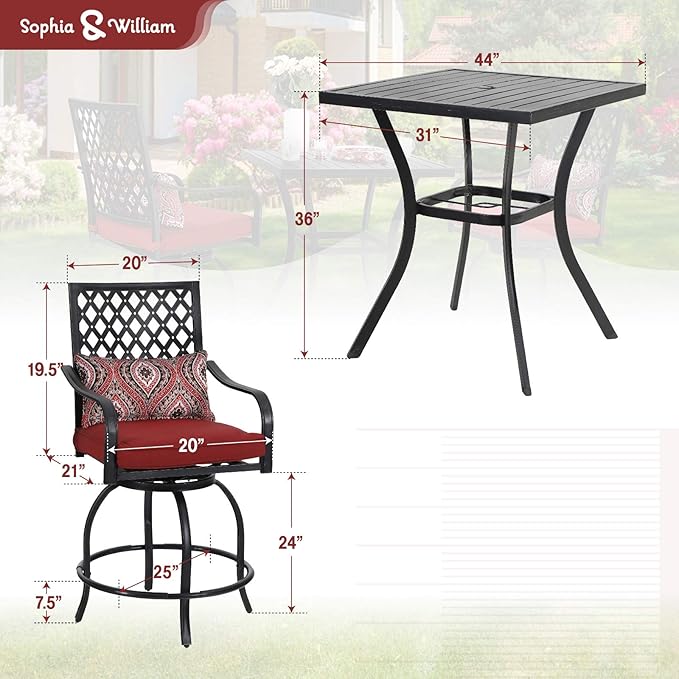 Sophia & William Patio Bar Set 5-Piece Outdoor High Dining Set with 4 Swivel Bar Stools with Red Cushion and 1 Square Bar Height Table with Umbrella Hole