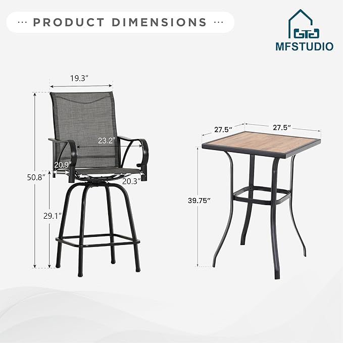 MFSTUDIO 3 Piece Patio Swivel Bar Set, Outdoor Bar Table and Chairs Set, Patio High Top Table and Chairs, Tall Bistro Set Outdoor Bar Height Table with 2 Chairs, Grey
