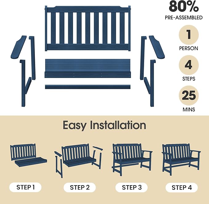 Ciokea 49" Heavy Duty Outdoor Bench, HDPE Weatherproof Porch Benches, Durable 2-Person Garden Benches with 660 Lbs, Waterproof Patio Bench for Outside Balcony Deck Backyard, Navy Blue