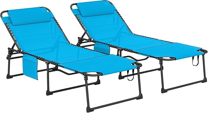 Outsunny 2 Piece Folding Chaise Lounge with 5-Level Reclining Back, Tanning Chair with Face Hole, Outdoor Lounge Chair with Side Pocket & Headrest for Beach, Yard, Patio, Blue