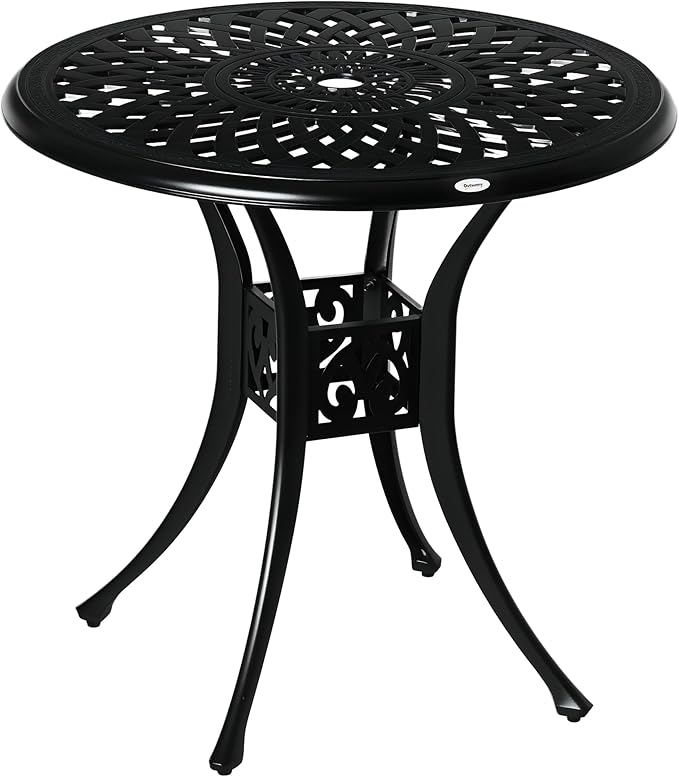 Outsunny 30" Round Patio Dining Table with Umbrella Hole, Antique Cast Aluminum Outdoor Bistro Table Only, Black